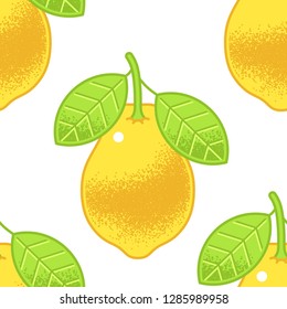 Bright seamless pattern on ripe lemon, citrus, fruit with green leaves. Textured style, stylized illustration.
