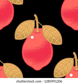 Bright seamless pattern on ripe exotic fruit, quince, pear, orange, mandarin, tangerine with leaves. Textured style. On black background.