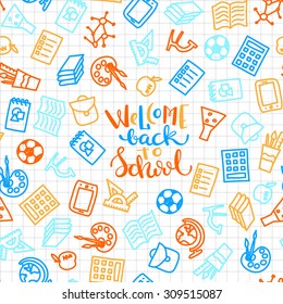 Bright seamless pattern on white checkered background with set of school icons, brush,ball, apple, notebook, tablet, globe, microscope, ruler, backpack, paint. 