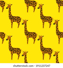 Bright seamless pattern with orange and black colored giraffe ornament. Yellow background. Graphic design for wrapping paper and fabric textures. Vector Illustration.