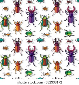 Bright seamless pattern with a orange, purple, green beetles on white background. Vector illustration.