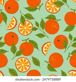 Bright seamless pattern of oranges on a light green background. Vector graphics.