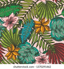 Bright seamless pattern with outline colorful tropical leaves and flowers on light pink background. Trendy exotic plants texture for textile, wrapping paper, surface, wallpaper, background