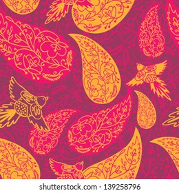 bright seamless pattern with paisley and birds
