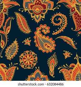Bright seamless pattern with paisley mehndi elements. Hand drawn wallpaper with floral traditional indian ornament on dark background.