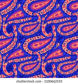 Bright seamless pattern with paisley ornament. Floral wallpaper.Blue, red, purple colors. Floral vintage background. Paisley patterns seamless vector pattern.