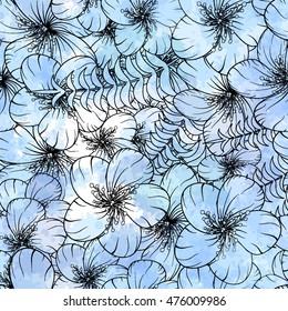 Bright seamless  pattern with palm branches, leaves and  flowers. Multicolor texture effect of watercolor blending