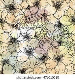 Bright seamless  pattern with palm branches, leaves and  flowers. Multicolor texture effect of watercolor blending