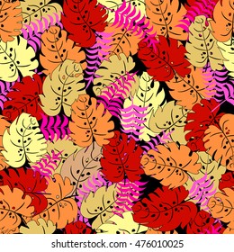 Bright seamless  pattern with palm branches and leaves  . Multicolor texture 