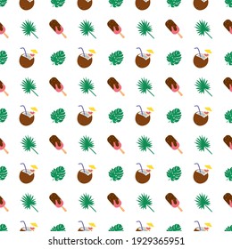 Bright seamless pattern with palm leaves, ice cream and coconuts. Summer print for textiles, wrapping paper and other designs. Vector graphics