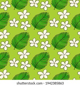 Bright seamless pattern with palm leaves and flowers. Vector drawing.