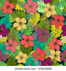 Bright seamless  pattern with palm tree leaves and  flowers. Multicolor texture
