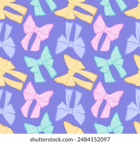 
Bright seamless pattern in pastel colors. Trendy bows on a purple background. Bows made of striped multi-colored ribbon. Vector print.