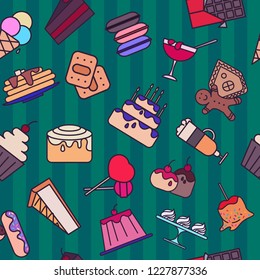 Bright seamless pattern with pastry and sweets. Vector pattern for bakery.