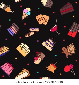 Bright seamless pattern with pastry and sweets. Vector pattern for bakery.