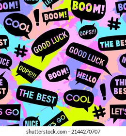 Bright seamless pattern with patch, words, slogan. Texture background. Wallpaper for teenager girls. Fashion style