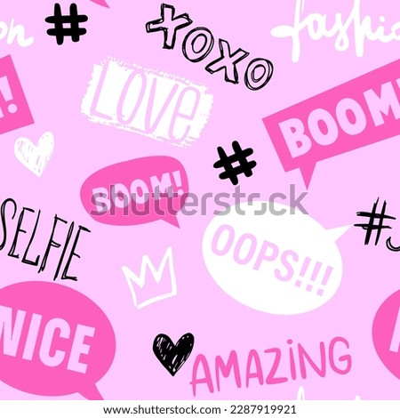 Bright seamless pattern with patch, words, slogan. Texture background. Wallpaper for teenager. Fashion style