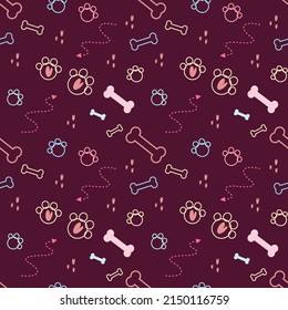 Bright seamless pattern with pet paws, bones and hearts. Modern illustration with trendy colors for backgrounds, prints, wrapping paper.