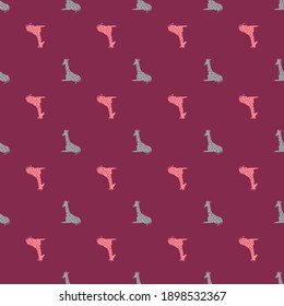 Bright seamless pattern with pink and blue colored giraffe ornament. Dark violet background. Vector illustration for seasonal textile prints, fabric, banners, backdrops and wallpapers.