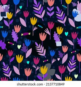 Patrón luminoso y sin fisuras con flores rosadas, azules y moradas, hojas moradas, puntos y caramelos sobre un fondo oscuro. Bonita ilustración vectorial para papel envolvente, telas, decoración doméstica, tarjetas, scrapbooking