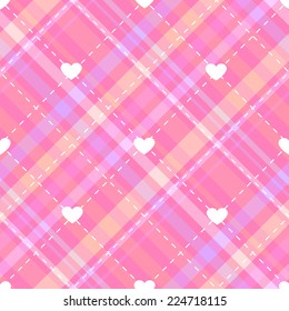 Bright seamless pattern with pink diagonal stripes, hearts, embroidered diamonds and cells for girls