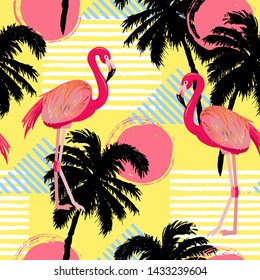 Bright seamless pattern with pink flamingo, palm tree and sun. Vector illustration.