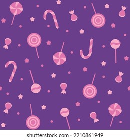 Helles, nahtloses Muster mit rosafarbenen Süßigkeiten, Bonbons, Lollipops auf violettem Hintergrund. Cute Cartoon, Vektorgrafik für Geburtstagsfeier