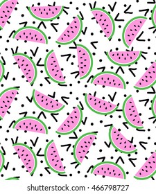 Bright seamless pattern, pink watermelon, black dots and dashes on a white background, memphis style 80s, 90s, webpunk, print for fabric, wallpaper, curtains, posters, vector EPS8