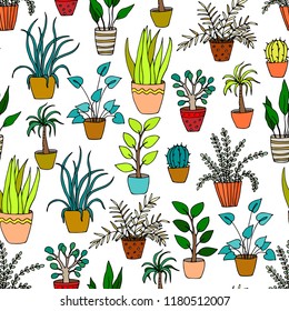 bright seamless pattern with plants in pots