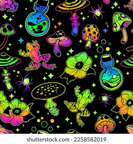 Bright seamless pattern with poisonous mushrooms, plants and animals