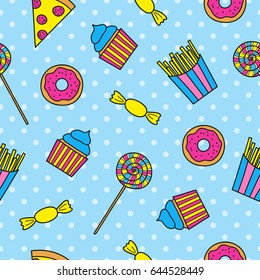 Bright seamless pattern with pop art fast food items.
