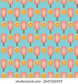 Bright seamless pattern of popsicles and orange slices on blue background, fun summer vibe.