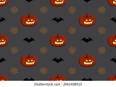 Bright seamless pattern with pumpkins, bats and spiders web. Festive autumn decoration for Halloween. Holiday October background for paper print, textile and design