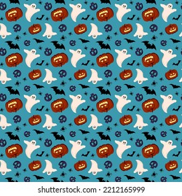 Bright seamless pattern with pumpkins, ghosts, skulls, bats and spiders on blue background. Festive autumn decoration for Halloween. Holiday October paper print. vector flat illustration