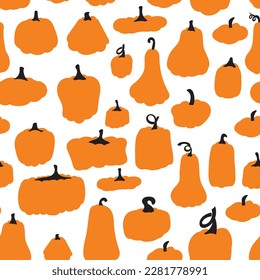 Bright seamless pattern from pumpkins on a white background. Pumpkins. Autumn. Thanksgiving. Halloween. Bright colors. Vector illustration