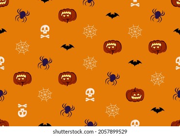 Bright seamless pattern with pumpkins, skulls and spiders. Festive autumn decoration for Halloween. Holiday October background for paper print, textile and design