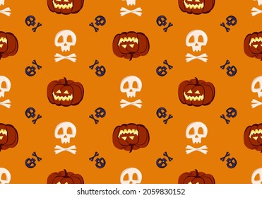 Bright seamless pattern with pumpkins, skulls and crossbones on orange background. Fashion print for kids party, holiday, halloween, textile and design