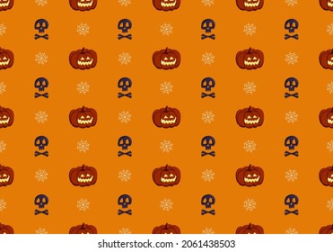 Bright seamless pattern with pumpkins, skulls and spiders web. Festive autumn decoration for Halloween. Holiday October background for paper print, textile and design