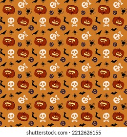 Bright seamless pattern with pumpkins, skulls, bats and spiders. Festive autumn decoration for Halloween. Holiday October background for paper print, textile and design. Vector flat illustration