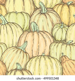 Bright seamless pattern with pumpkins for thanksgiving day, halloween etc. Vector sketchy illustration