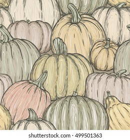 Bright seamless pattern with pumpkins for thanksgiving day, halloween etc. Vector sketchy illustration