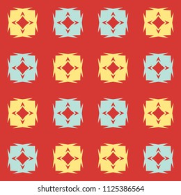 Bright seamless pattern with quadratic geometric shapes on red background.
