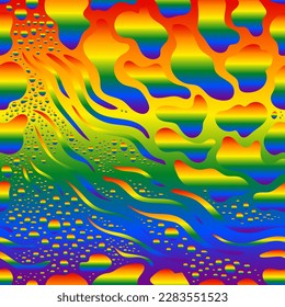 Bright seamless pattern with rainbow colors. Bubbles. Design template for pride month, groovy background, abstract cover. Vector illustration.
