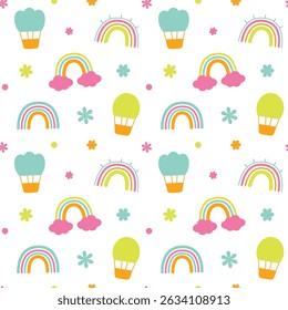 Bright seamless pattern with rainbows, balloons, flowers and clouds.