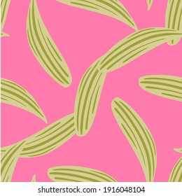 Bright seamless pattern with random leaves lily of valley. Pink background. Simple design nature backdrop. Stock illustration. Vector design for textile, fabric, giftwrap, wallpapers.