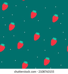 Bright seamless pattern with red abstract strawberry and dots,vector illustration for textile, cover design,wallpaper,colorful print for kitchen fabric,summer clip art in flat style. 
