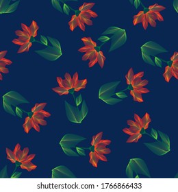 Bright seamless pattern. Red flowers with green leaves on a blue background. Variegated flowers from lines. Vector.