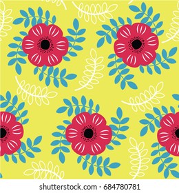 Bright seamless pattern with red flowers on a yellow background. Vector illustration