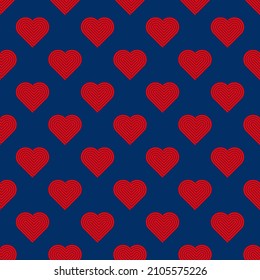 Bright seamless pattern with red hearts on a dark blue background. Colorful illustration for modern design.