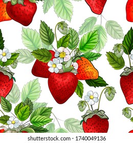 Bright seamless pattern with red strawberries, white flowers and green leaves on white background. Vector stock illustration.